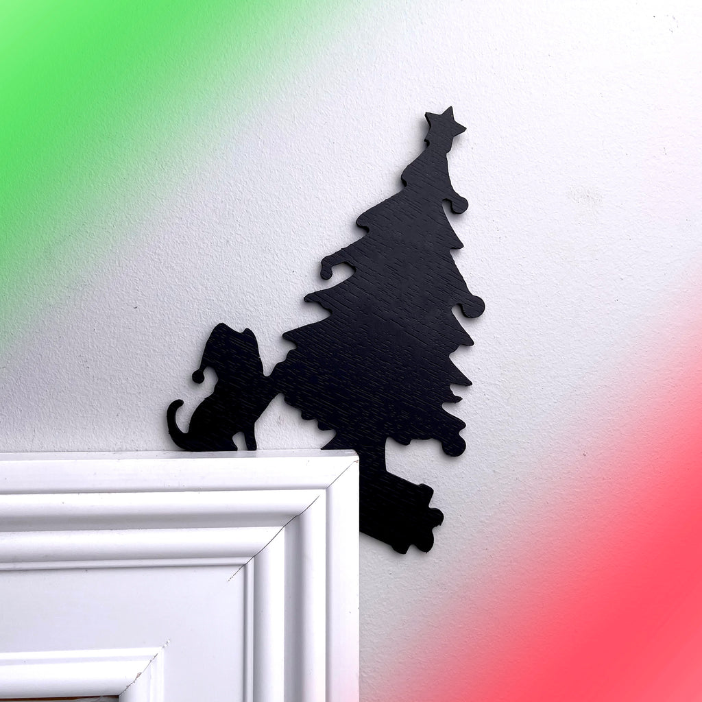 Cat Knocking Over Christmas Tree Door Topper