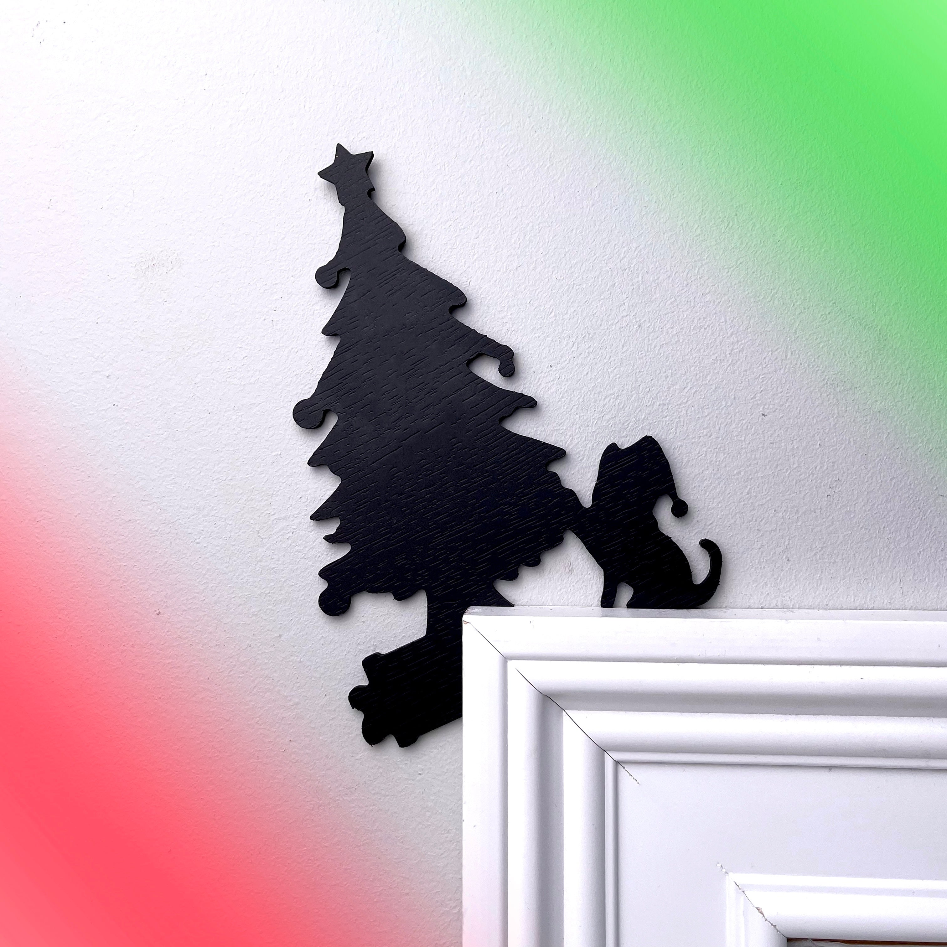 Cat Knocking Over Christmas Tree Door Topper