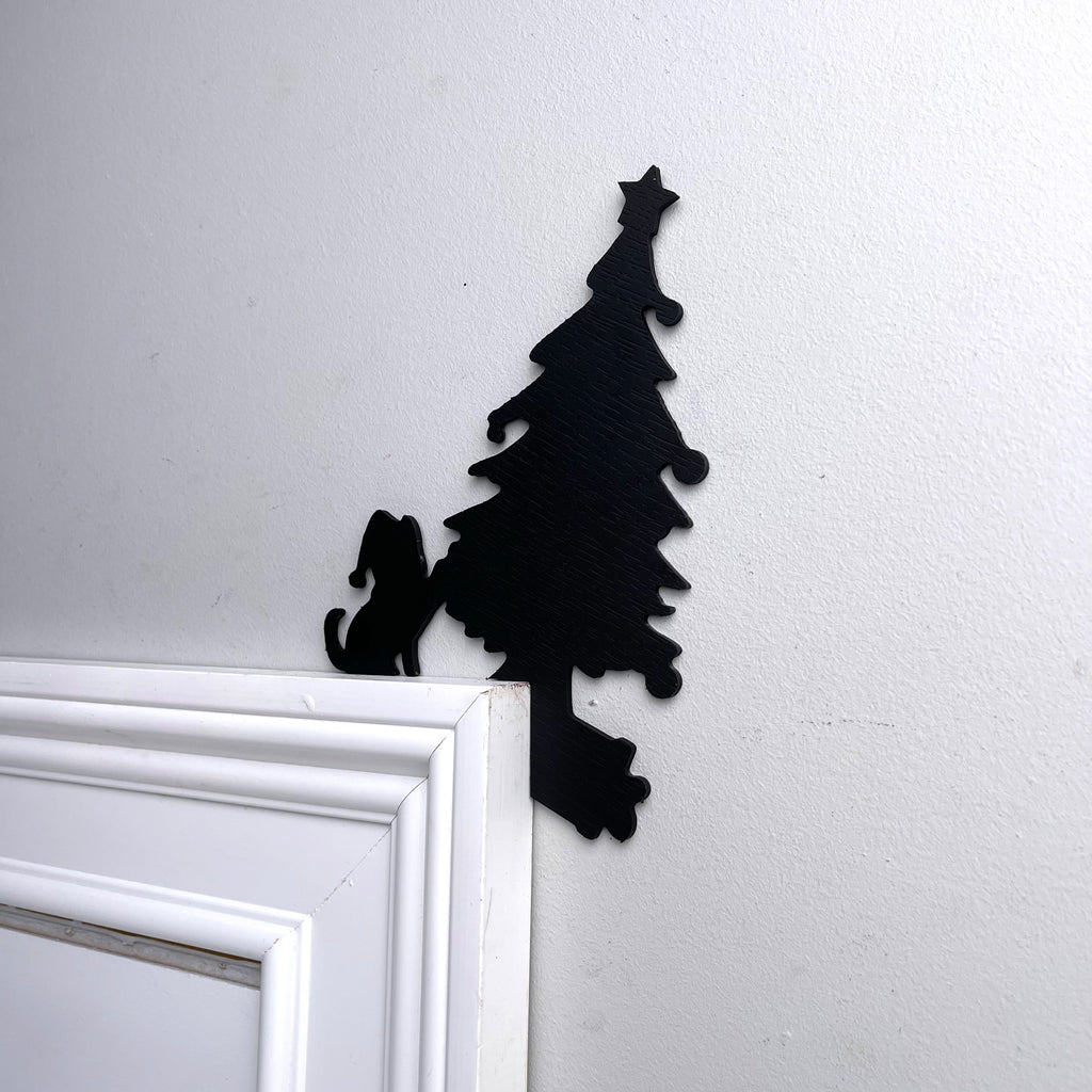 Cat Knocking Over Christmas Tree Door Topper