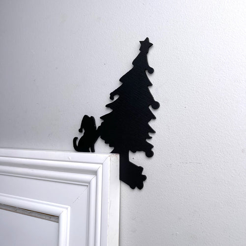 Cat Knocking Over Christmas Tree Door Topper