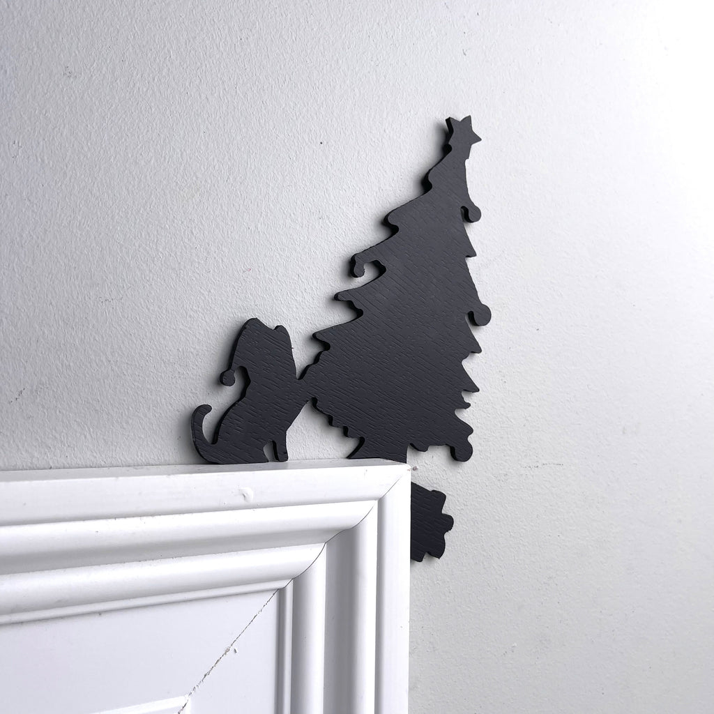 Cat Knocking Over Christmas Tree Door Topper