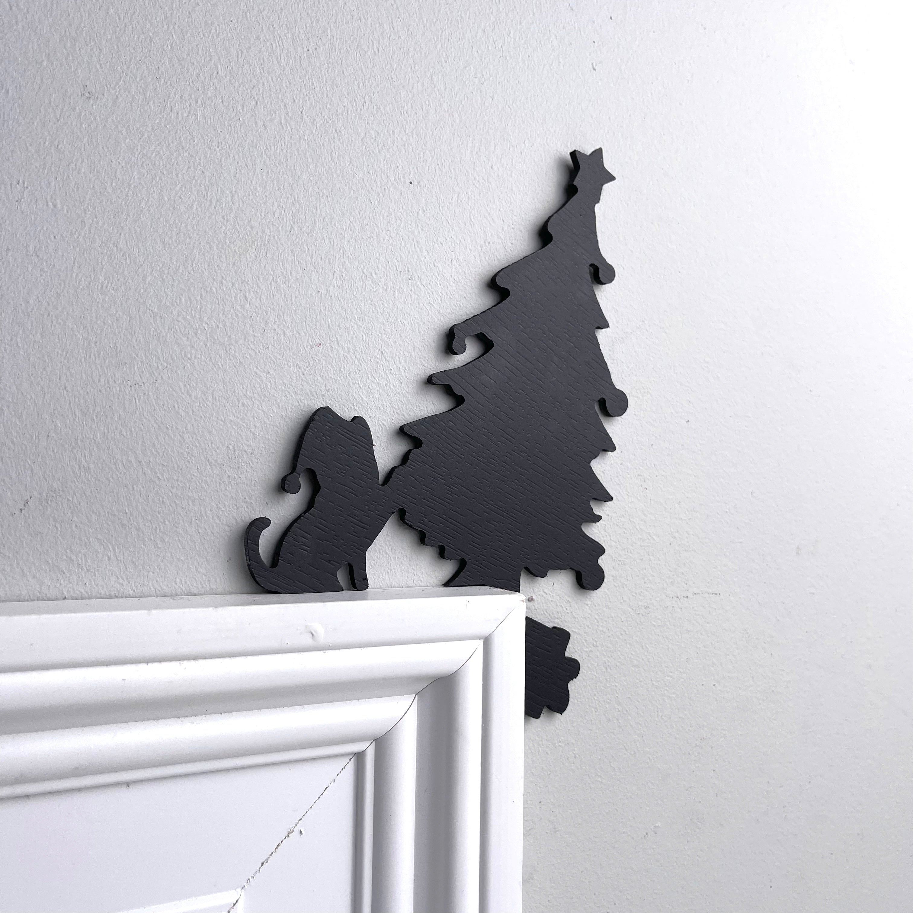 Cat Knocking Over Christmas Tree Door Topper